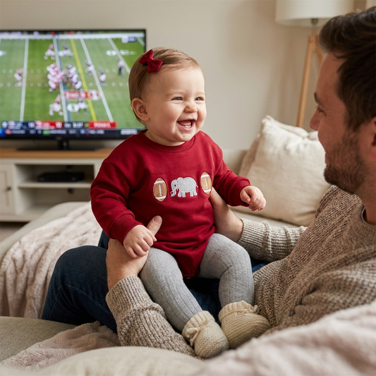 Father holding a happy baby wearing a crimson elephant and football embroidered bubble romper while watching a football game on TV.