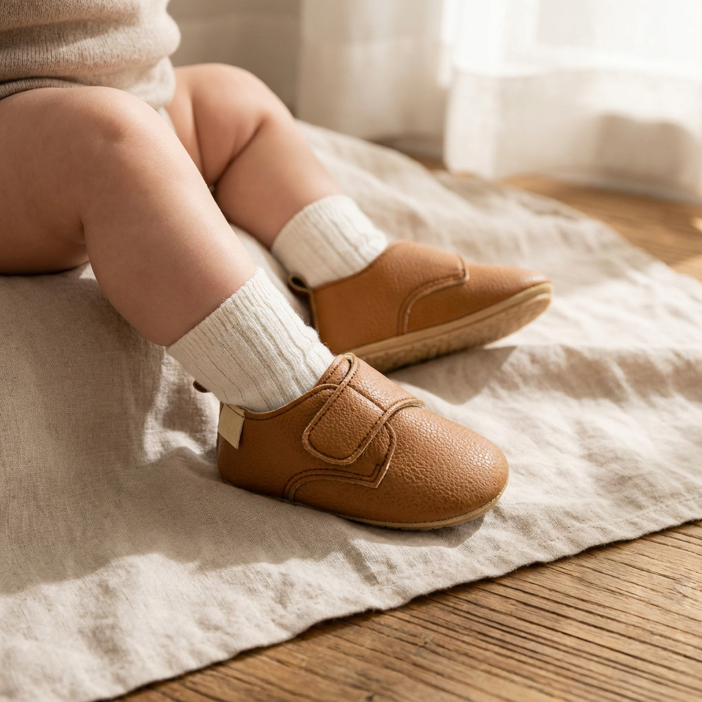 Baby wearing brown faux leather first walker shoes and cream socks, sitting on a linen sheet.