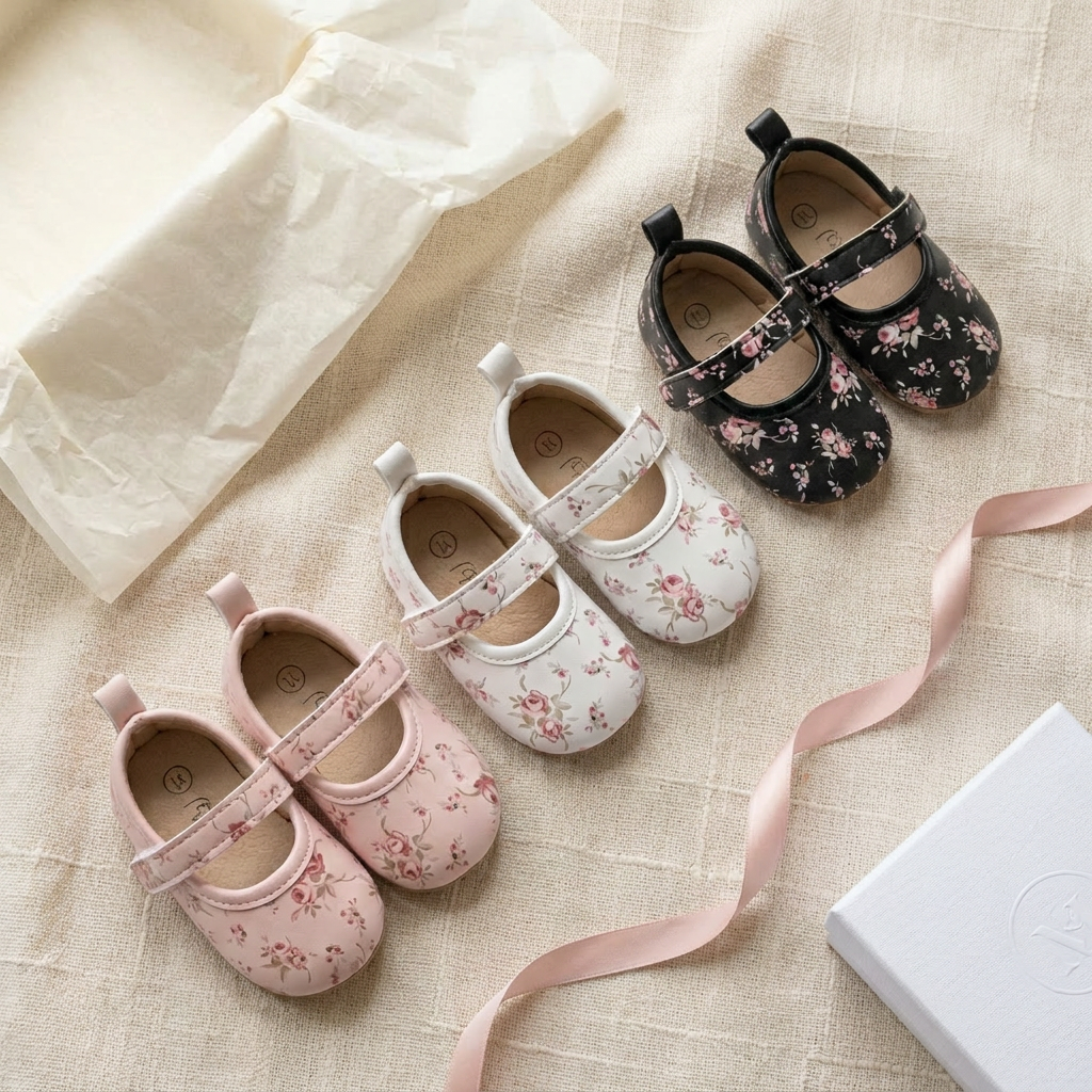 Overhead view of infant floral Mary Jane shoes in pink, white, and black variants, showcasing the cottagecore vintage rose pattern.