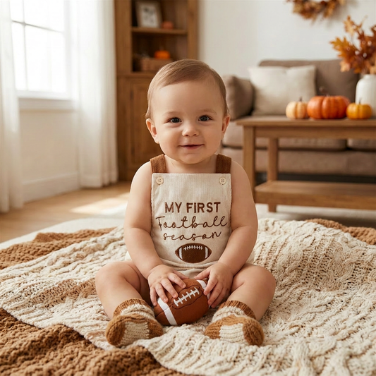 A smiling infant baby sitting on a cozy blanket indoors wearing the kidsely embroidered football bubble romper while holding a miniature football toy.