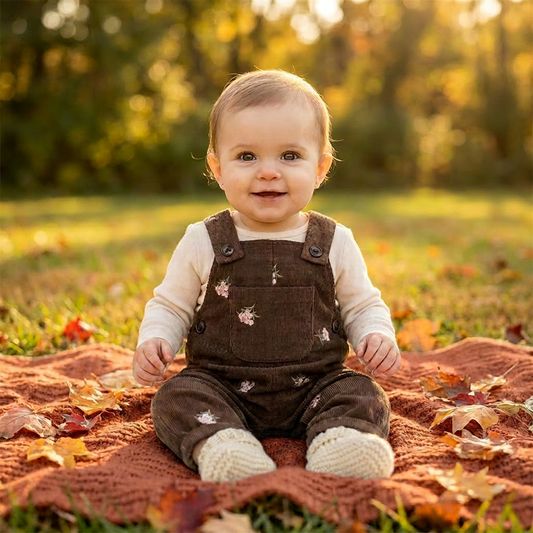 A happy infant baby sitting outside on an autumn blanket wearing Acorn Brown vintage floral corduroy overalls.