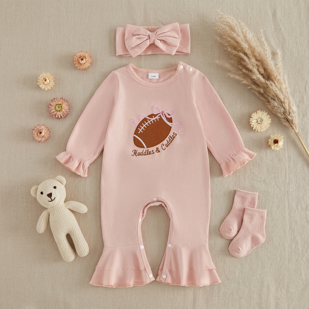 Stylized flat lay of the baby girl pink football jumpsuit and headband set arranged with a small teddy bear and baby socks.