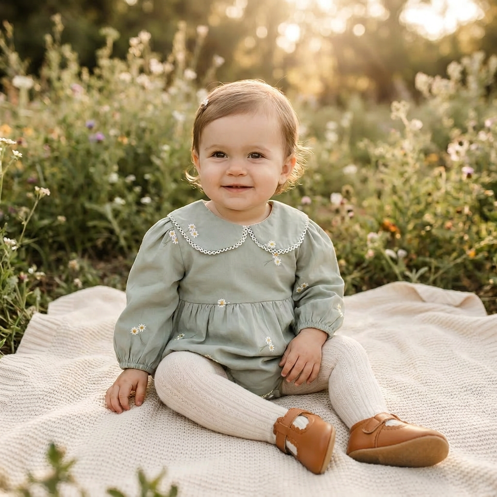An infant girl sitting on a blanket in a field during an outdoor photoshoot wearing a sage green embroidered romper with white tights and brown shoes.