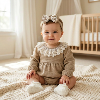 Baby girl wearing a mocha brown waffle knit long sleeve bubble romper and matching headband sitting in a nursery.