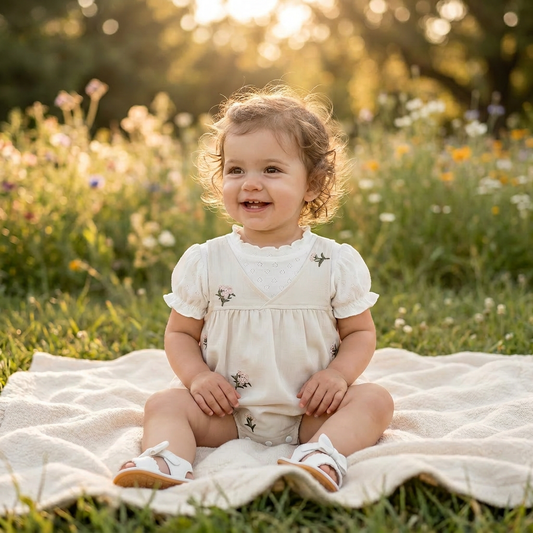 A smiling infant girl sitting on a blanket in a grassy flower field wearing the sweet pea embroidered floral romper set.