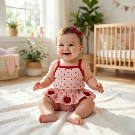 Smiling baby girl sitting on a white blanket in a nursery wearing a pink polka dot sleeveless top, ruffle bloomers, and a matching red bow headband.
