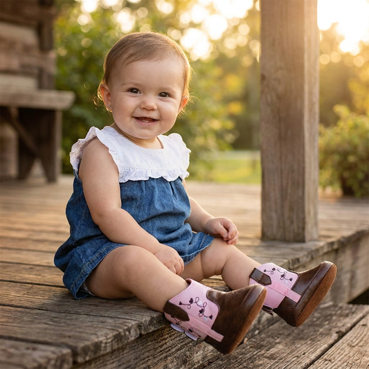 Smiling infant girl sitting on a wooden porch wearing pink and brown western cowboy boots.