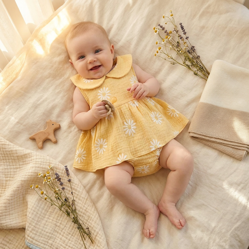 Smiling infant baby girl wearing the Kidsely yellow daisy print romper dress while lying on a cozy white blanket.