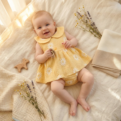 Smiling infant baby girl wearing the Kidsely yellow daisy print romper dress while lying on a cozy white blanket.