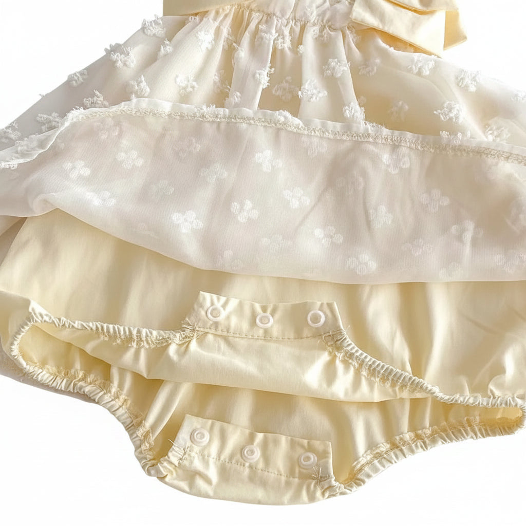 Close-up of the hidden diaper snaps on the cotton lining of the cream baby girl princess romper.