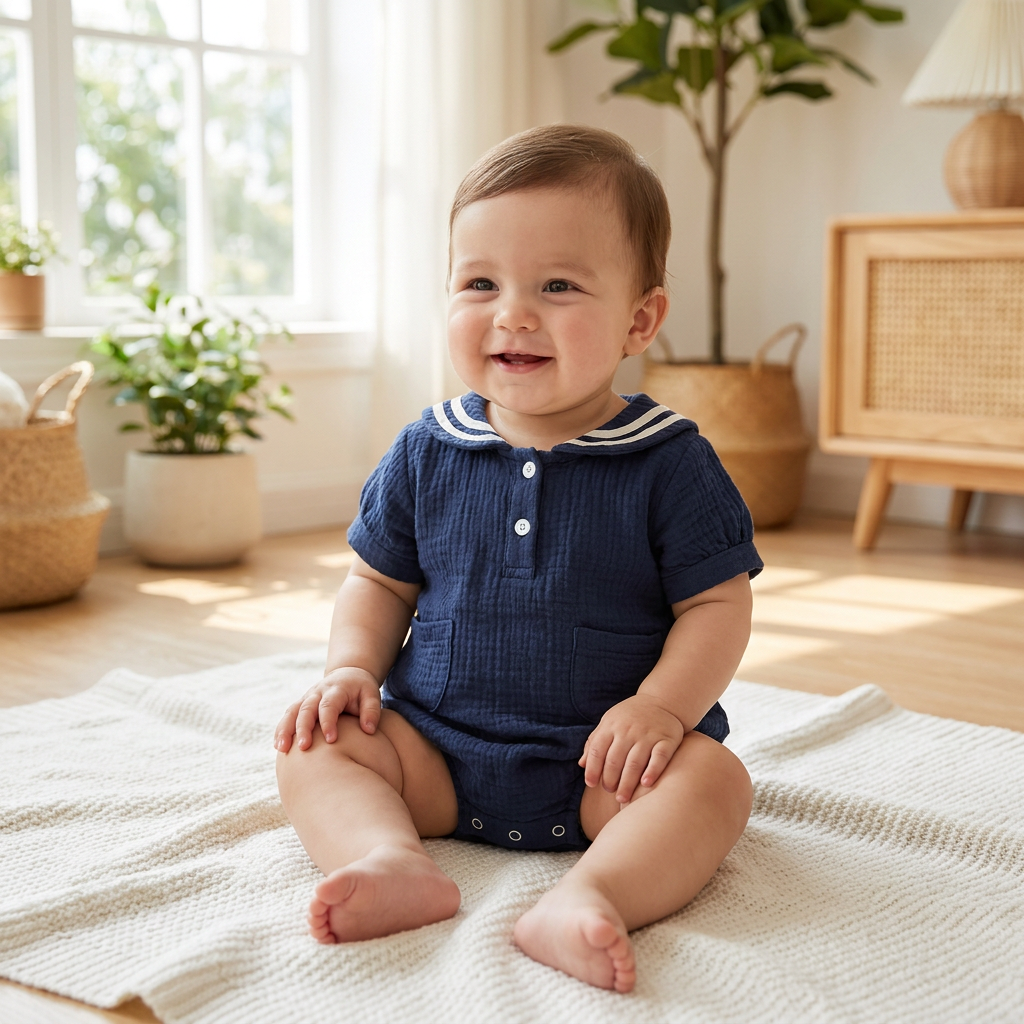 Smiling baby wearing the Deep Sea navy muslin sailor romper sitting on a cream rug in a sunlit nursery.