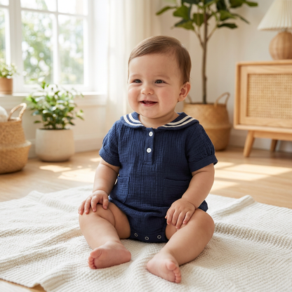 Smiling baby wearing the Deep Sea navy muslin sailor romper sitting on a cream rug in a sunlit nursery.