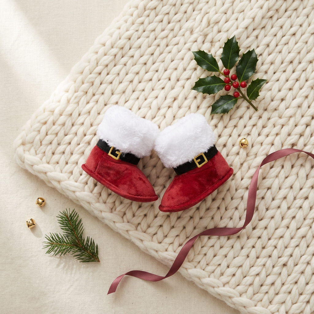 Pair of infant red fleece Santa booties displayed on a white knit blanket with holiday decor
