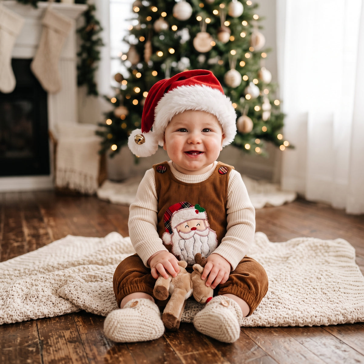 Cute baby wearing brown corduroy Santa Claus overalls and a red Santa hat sitting near a Christmas tree.