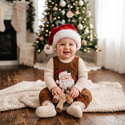 Cute baby wearing brown corduroy Santa Claus overalls and a red Santa hat sitting near a Christmas tree.