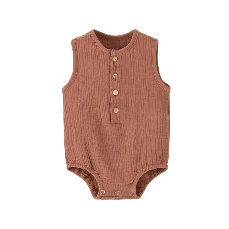 Kidsely Terracotta orange-brown muslin cotton baby bodysuit, an earthy gender-neutral summer essential for infants and toddlers.