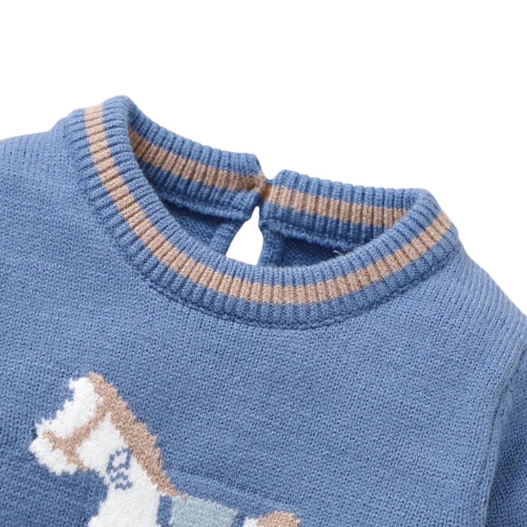 Detailed view of the ribbed crew neckline and shoulder construction on the sky blue knit infant winter sweater coverall.