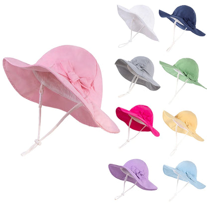 Grid collage displaying the wide brim girls sun hat in multiple color variations including pink, dark blue, rose, light blue, purple, yellow, green, grey, and white.
