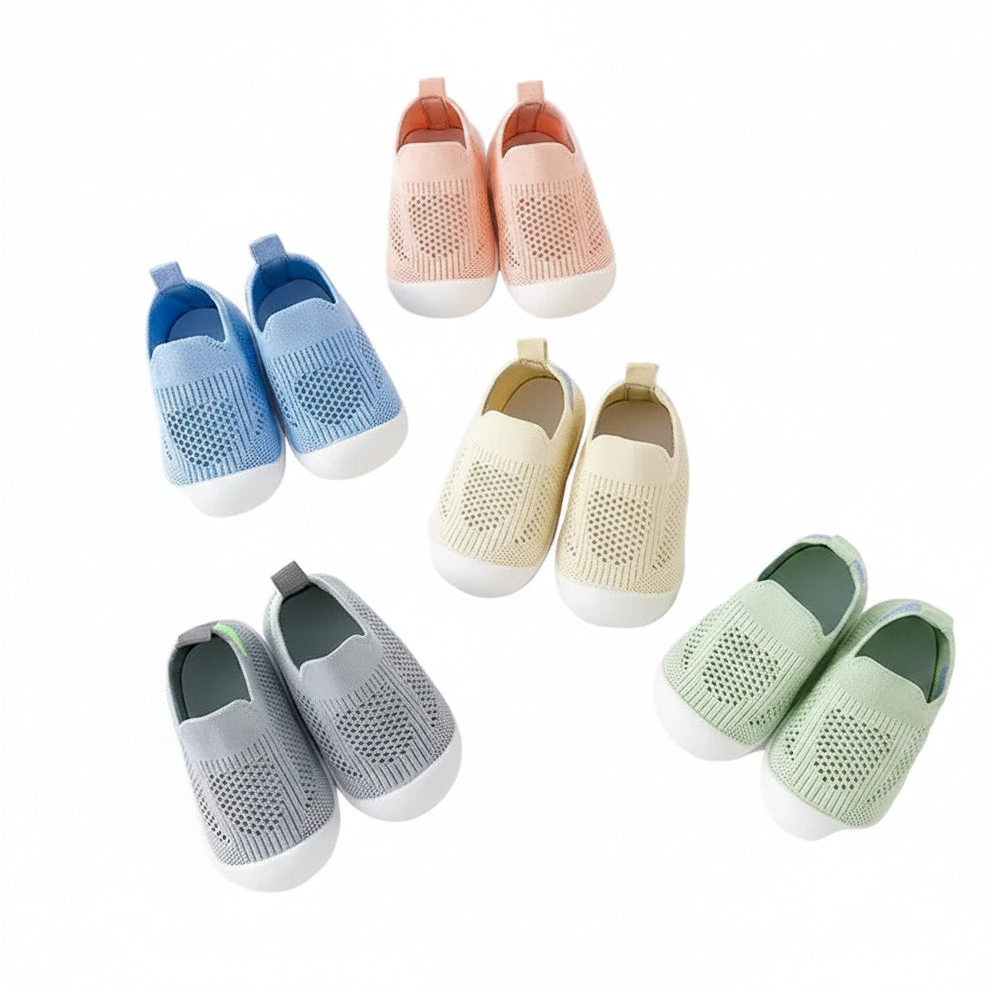 Kidsley group shot of breathable mesh knit toddler sneakers in Blush, Cloud Blue, Oatmeal, Mint, and Heather Grey. Lightweight non-slip first walker shoes for boys and girls.