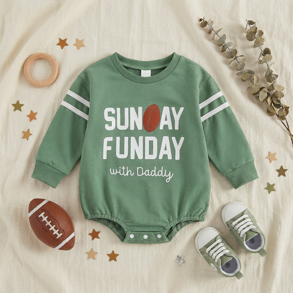 Flat lay arrangement of the sage green long sleeve baby one-piece next to a miniature toy football, baby sneakers, and wooden teething accessories.