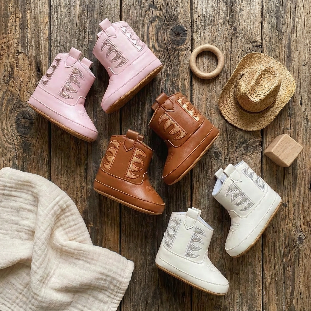 A flat lay on a rustic wooden surface showing three pairs of infant western boots in pink, cognac, and white, styled with a small cowboy hat and wooden toys.