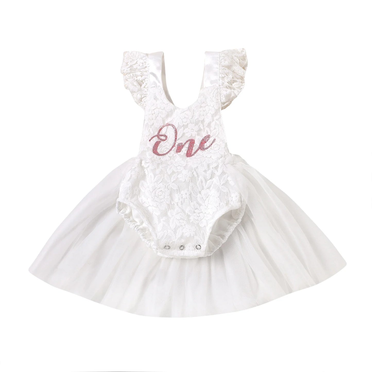 Infant white cake smash outfit featuring delicate lace ruffles, "One" lettering, and mesh tulle skirt for a princess birthday.