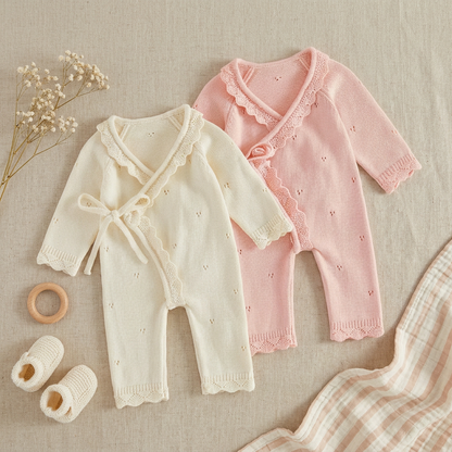Ivory and pink pointelle knit baby girl kimono rompers laid flat next to neutral aesthetic baby toys and accessories.