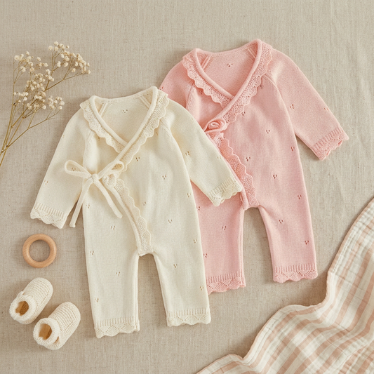 Ivory and pink pointelle knit baby girl kimono rompers laid flat next to neutral aesthetic baby toys and accessories.