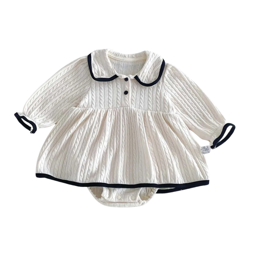 Ivory baby girl long sleeve cable knit romper dress with contrasting black Peter Pan collar and tri