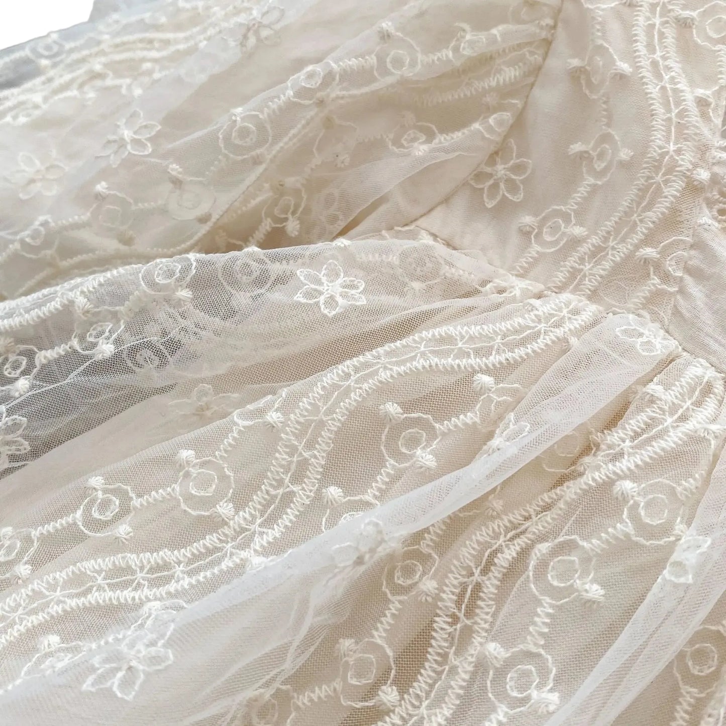Macro close-up of the delicate floral embroidery and mesh lace fabric on a baby girl special occasion bodysuit.