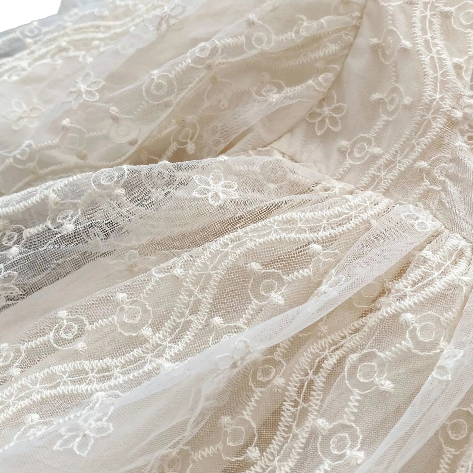 Macro close-up of the delicate floral embroidery and mesh lace fabric on a baby girl special occasion bodysuit.