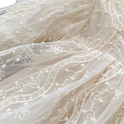 Macro close-up of the delicate floral embroidery and mesh lace fabric on a baby girl special occasion bodysuit.