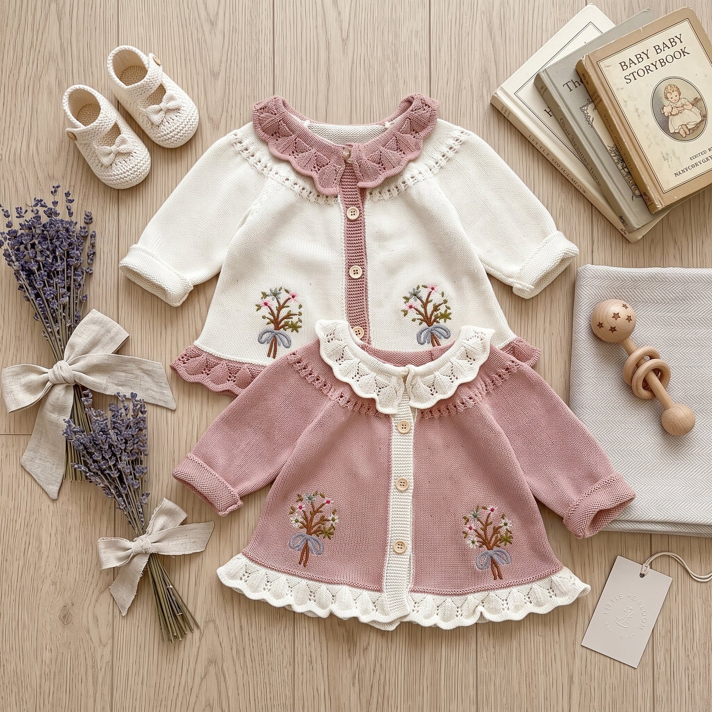 Flat lay of ivory and pink baby knit cardigans with floral embroidery, ruffled collars, and decorative accessories.