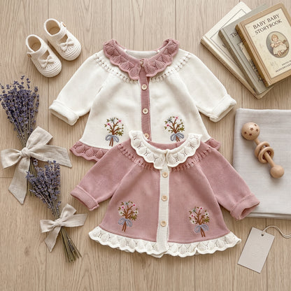 Flat lay of ivory and pink baby knit cardigans with floral embroidery, ruffled collars, and decorative accessories.