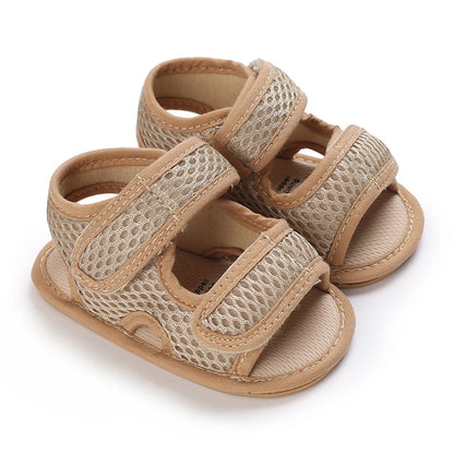 Khaki tan first walker mesh sandals, minimalist summer style with a non-slip infant walking sole.