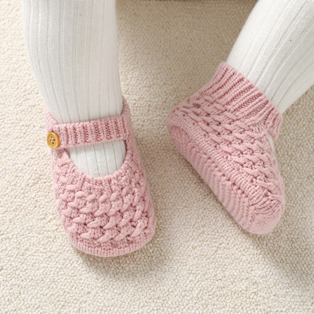 Baby wearing soft pink knitted Mary Jane crib shoes over white tights.