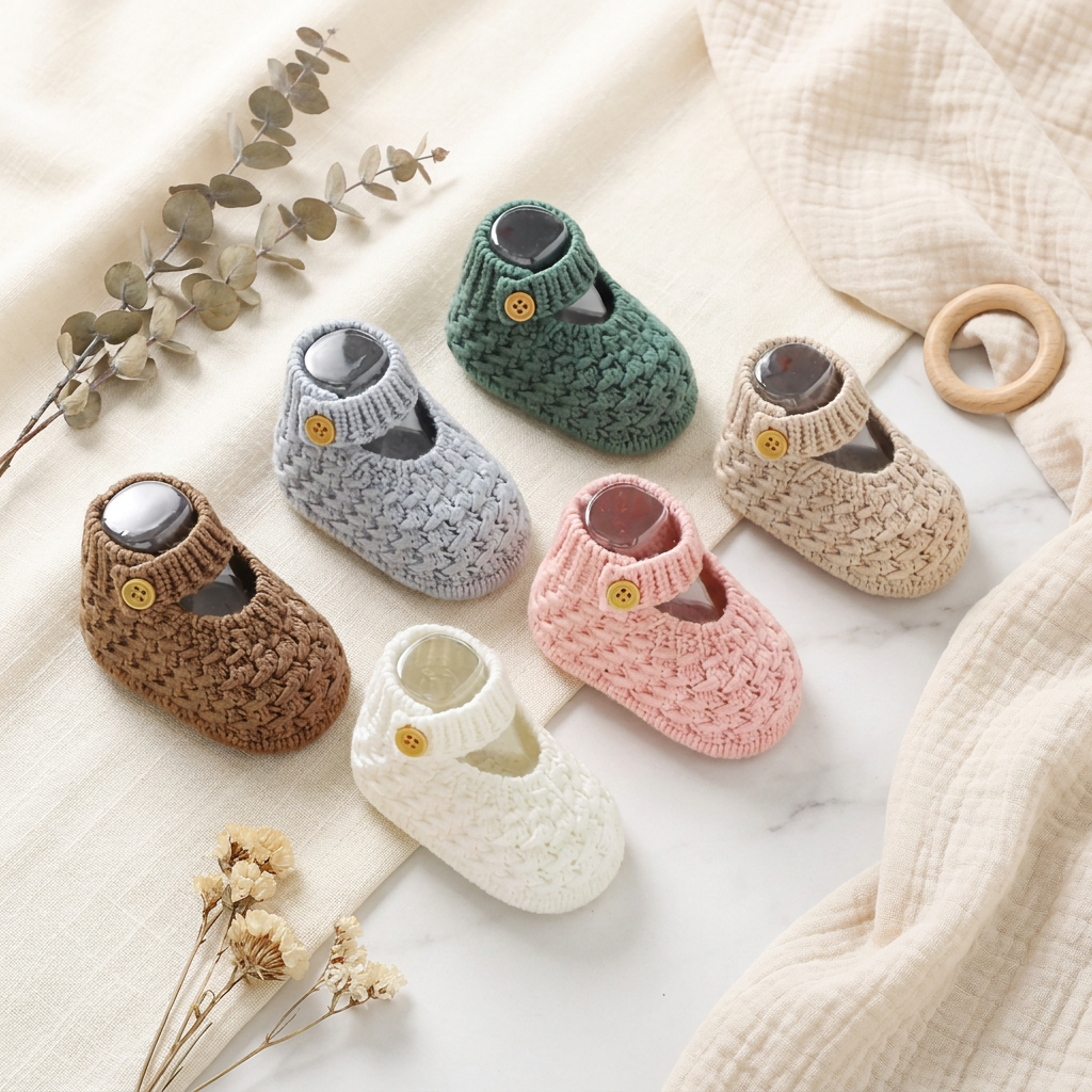 Collection of soft knit Mary Jane baby booties in multiple colors arranged together on a blanket.