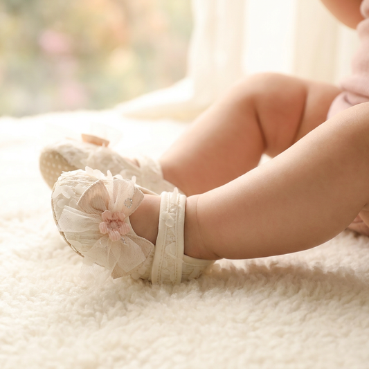 Baby girls feet wearing lace shoes with a flower detail on a soft surface.