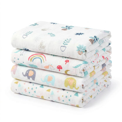 A collection of rolled oversized muslin baby swaddle blankets showcasing premium double-layer bamboo cotton fabric in various baby-safe prints.