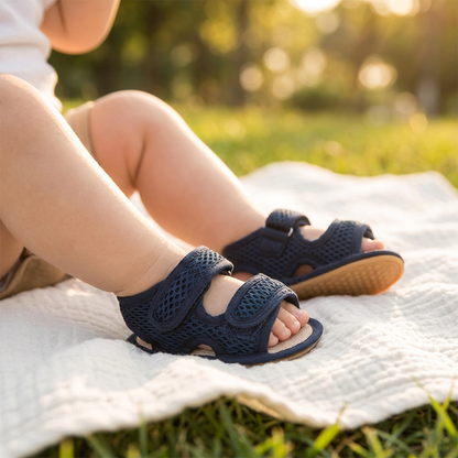 Infant boy wearing navy blue mesh sandals while sitting on a blanket in a park, showing the flexible non-slip sole and breathable design for summer outdoor play.