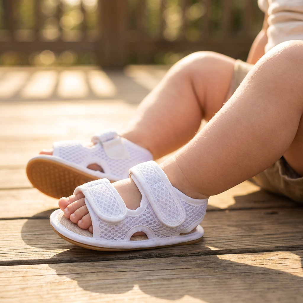 Infant wearing white first walker mesh sandals on a wooden deck, showing the lightweight summer design.