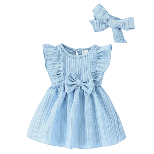 Kidsely light blue baby girl ruffle bow summer dress and matching headband set on a white background.