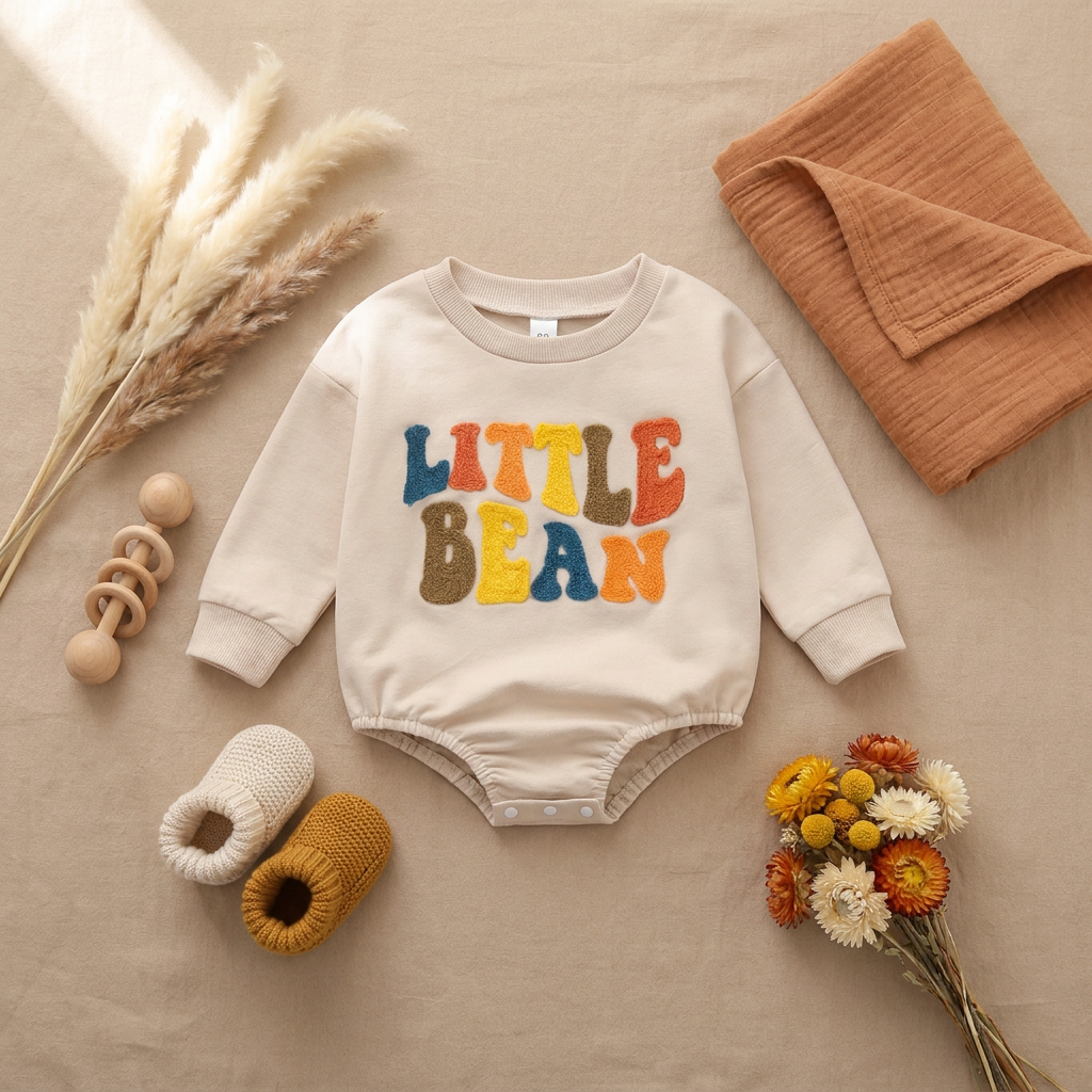 An aesthetic flat lay of the beige Little Bean baby bubble romper styled on a neutral background with a blanket, baby booties, and dried florals.