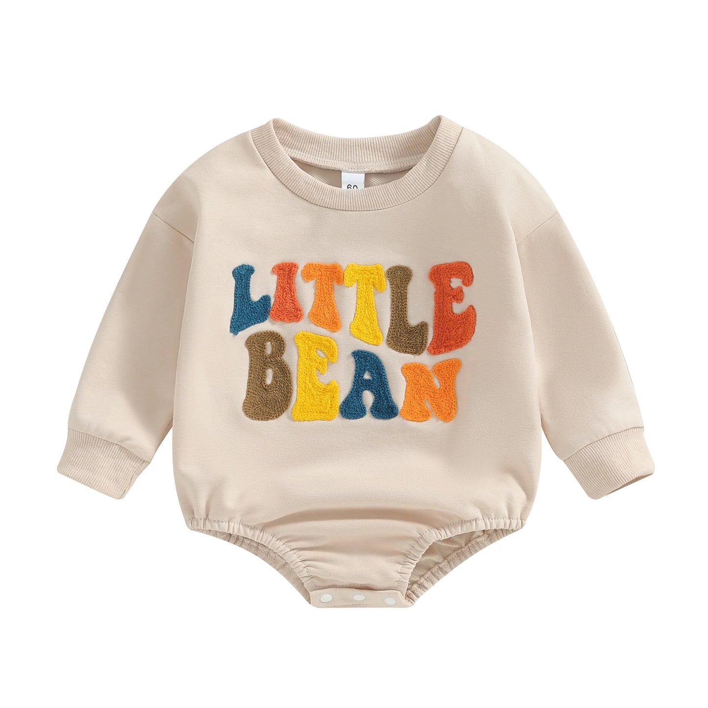 Front view of the neutral beige Little Bean embroidered long sleeve cotton bubble romper for babies.