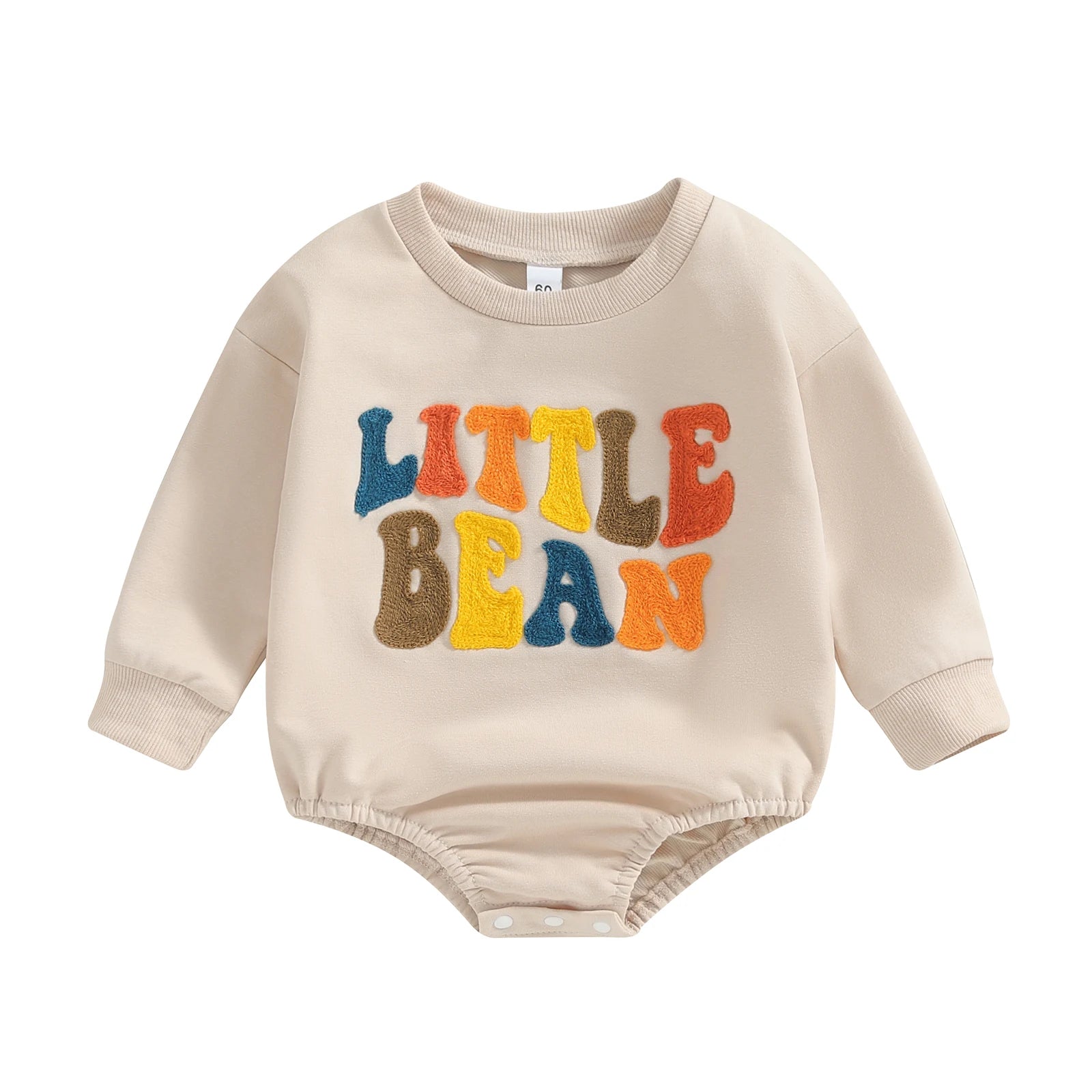 Front view of the neutral beige Little Bean embroidered long sleeve cotton bubble romper for babies.