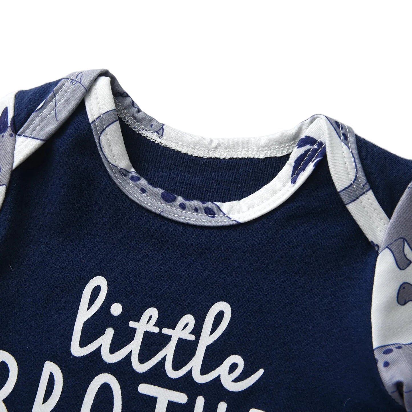 Close-up of the envelope neckline on the navy blue little brother baby bodysuit showing the lap shoulder design for easy dressing