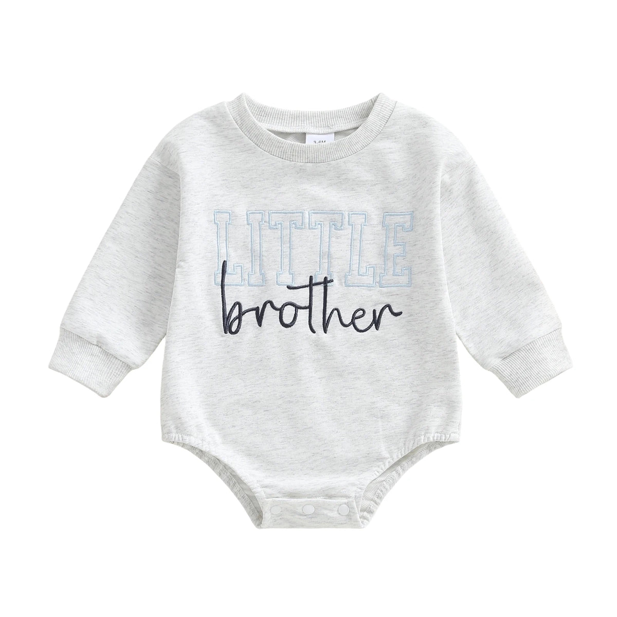 Light grey long-sleeve baby boy bubble romper featuring a blue and navy Little Brother graphic on a white background.