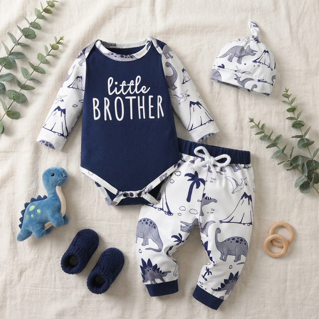 Styled flat lay of the little brother baby boy outfit on a textured cream blanket, arranged with a blue knit dinosaur toy, baby booties, and a wooden teething ring.