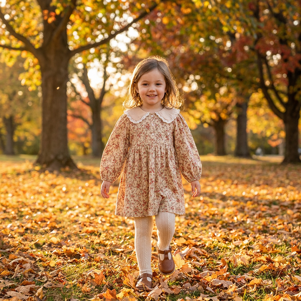 Smiling little girl walking outdoors among autumn trees, wearing the cream vintage floral cottagecore dress and white tights.