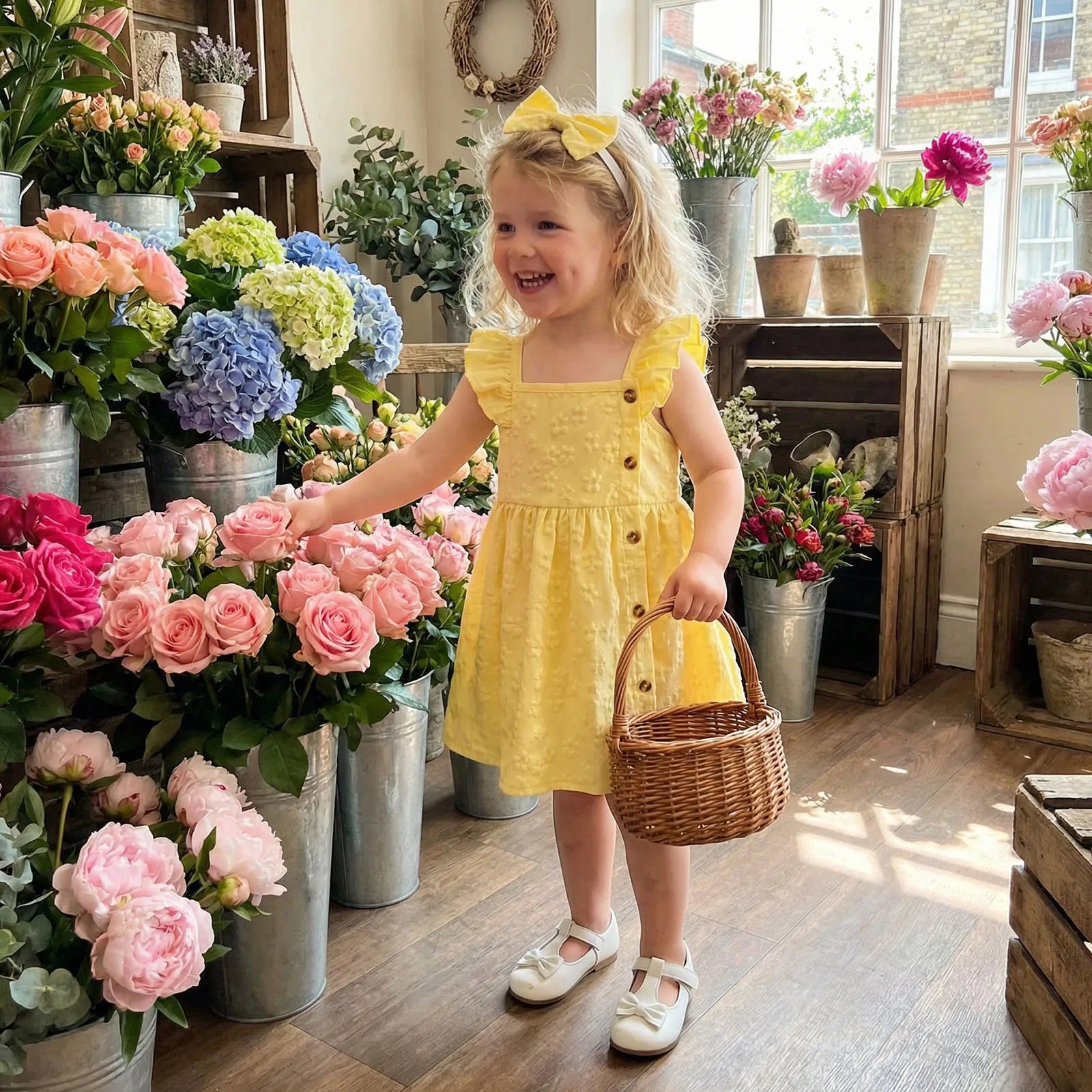 A cheerful little girl holds a wicker basket while standing next to colorful flower buckets, wearing a soft yellow floral embossed sun dress and matching headband.